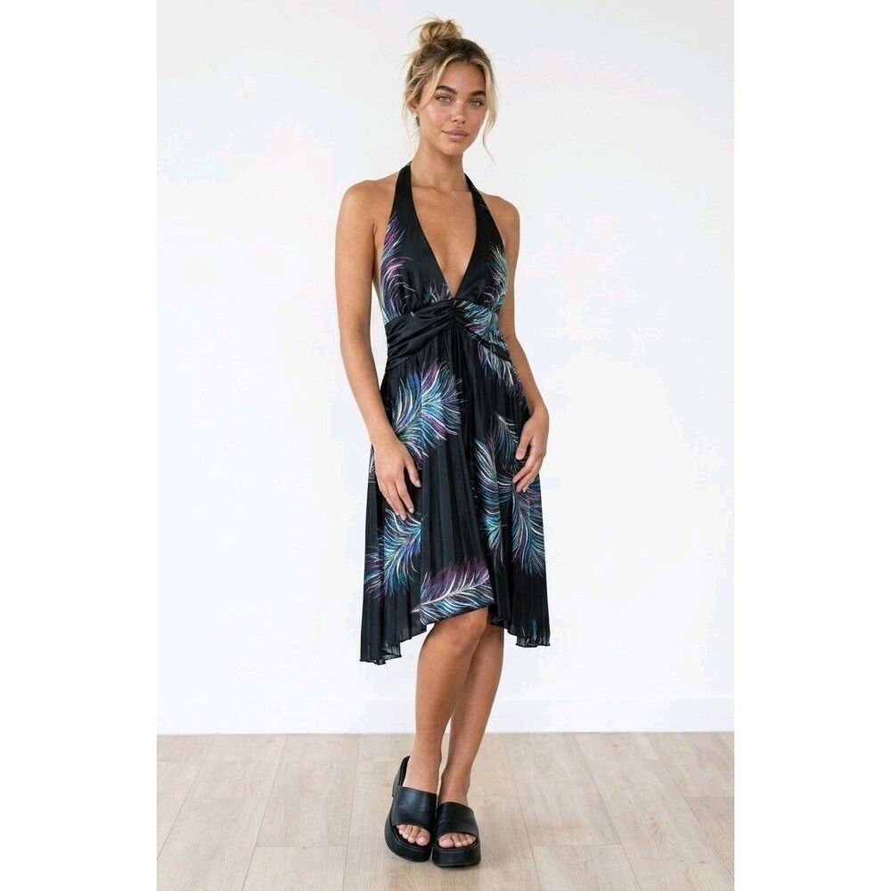Vintage Y2K Midi Dress Glam Grunge Party Halter Mini Satin Peacock Flowy Ruched